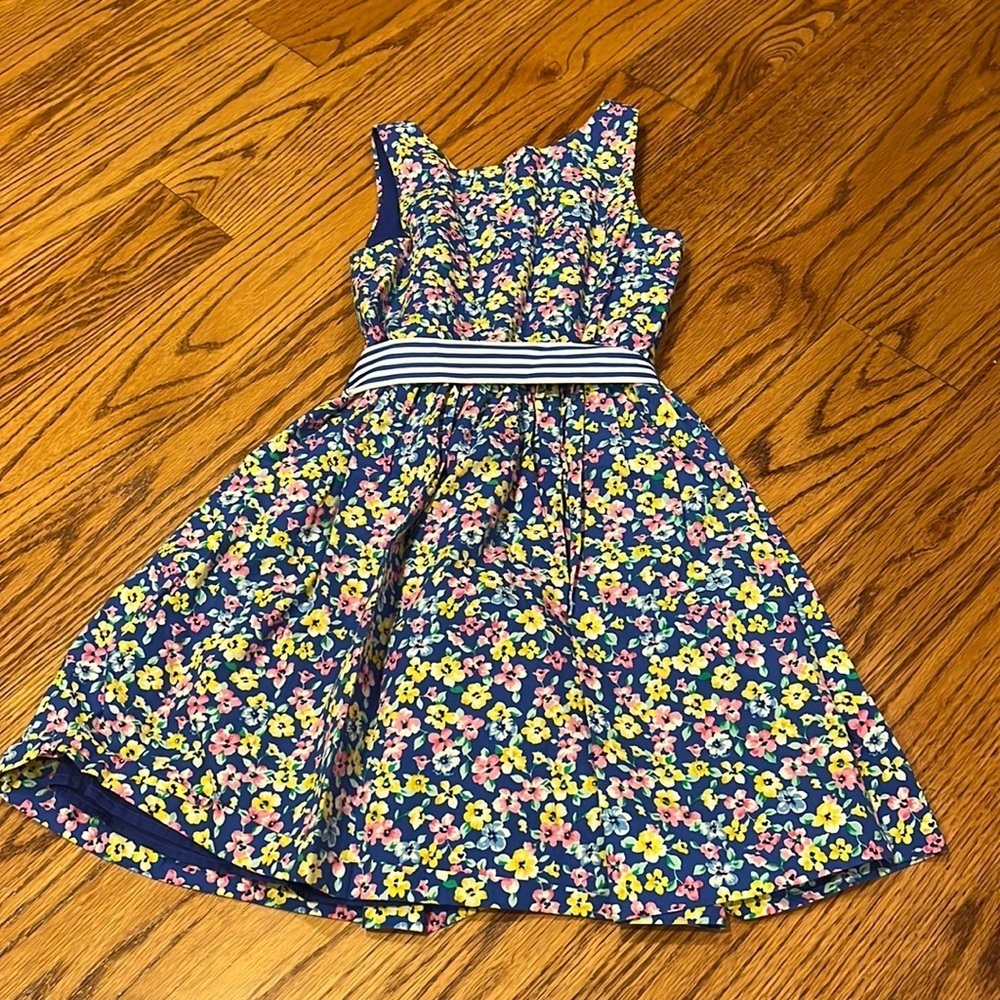 Polo Ralph Lauren Girl’s Blue Floral Dress With Striped Tie Size 6X